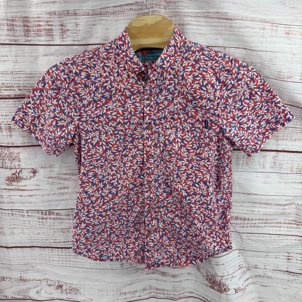 Chubbies Shirt Mens Large Red White Blue Leaf Print Short Sleeve Button Down